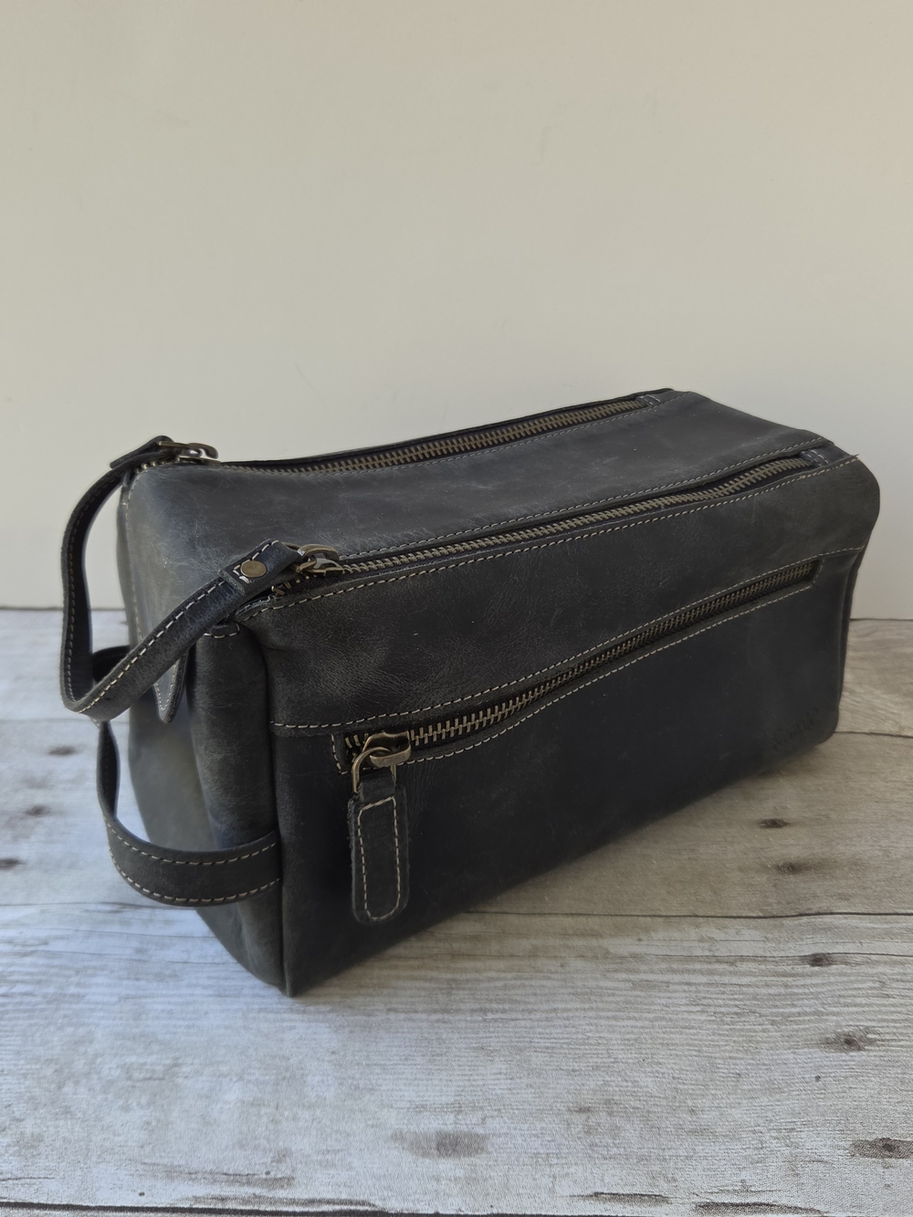 KomalC Travel Toiletry Bag Leather Dopp Kit Men Women Distressed Black Gray